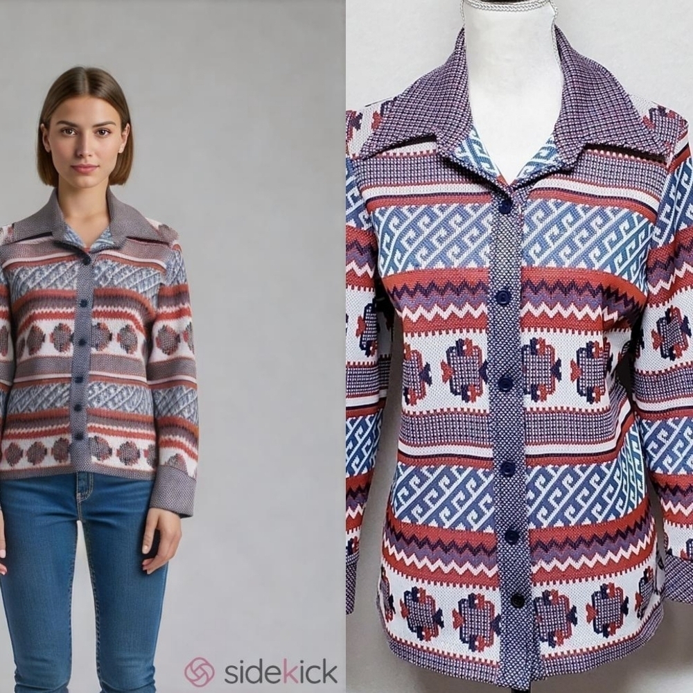 70s Rare Vintage John's Girl Aztec Print Button Up Ponte Knit Mod Cardigan M